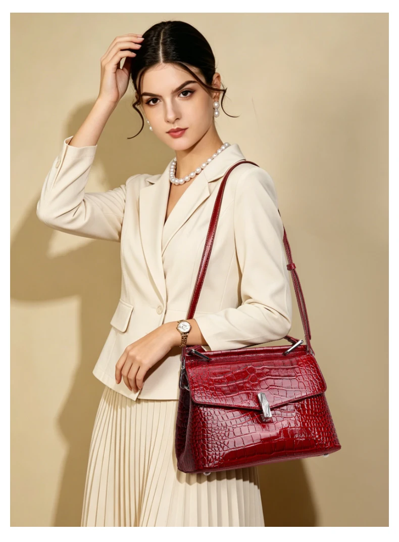 Damen-Handtasche aus Krokodilleder-Imitat, Glänzend Rote Henkeltasche mit Metallverschluss, Damen-Umhängetasche für Arbeit & Alltag – Detail 2