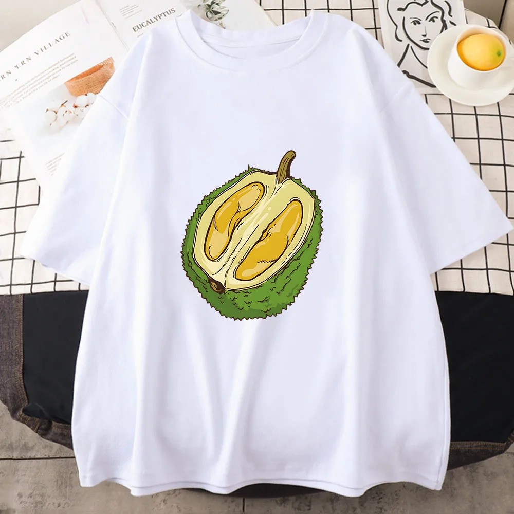 Durian T-Shirts aus 100 % reiner Baumwolle, hochwertige Hemden für Damen/Herren, kurzärmelige T-Shirts, Obst-Grafikdruck, Tops, O-Ausschnitt, lässige T-Shirts