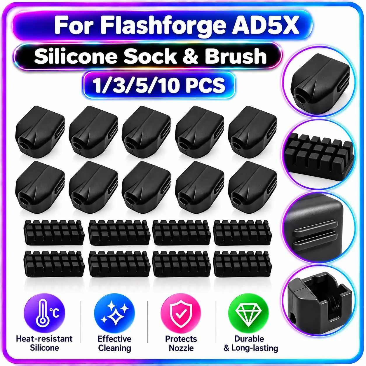 Heater Block Silicone Sock Brush Kit for Flashforge AD5X Hotend High Temperature Thermal Insulation Cover 3D Printer Parts