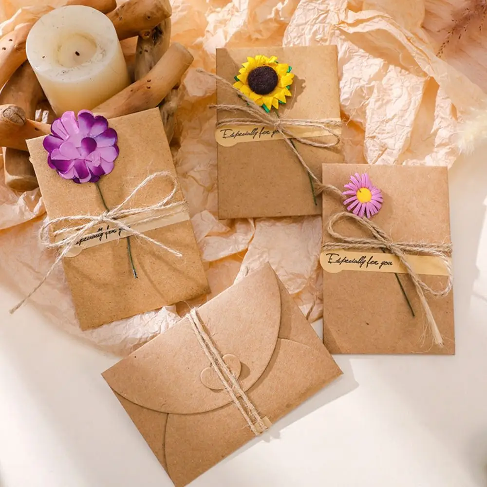 Vintage Flower Greeting Cards DIY Creative Envelope Postcard Sunflower Kraft Paper Birthday Message Card Blank Gift Card