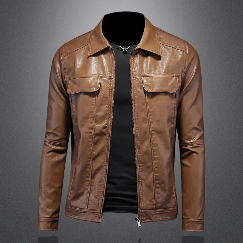 

Autumn and winter new men's lapel motorcycle leather jacket boutique slim fit fashionable men's bomber jacket high-end top