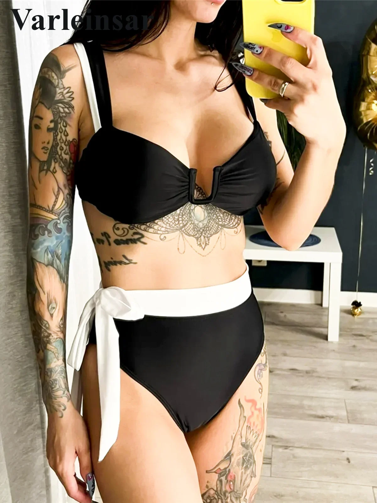 الربط U الرقبة معقود عالية الخصر بيكيني الإناث ملابس السباحة النساء قطعتين مجموعة البكيني الاستحمام ثوب السباحة السباحة V4980