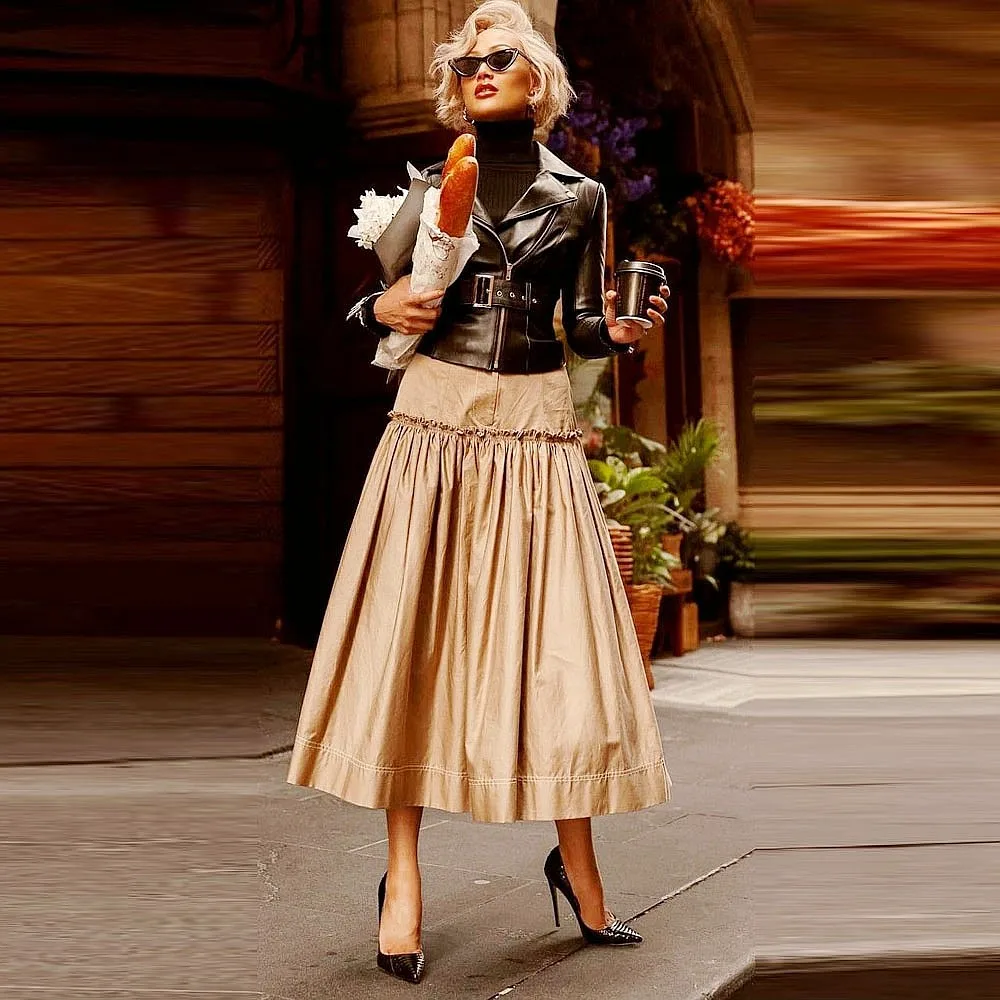 Champagne Maxi Skirt For Women Autuam Spring Long Skirt Without Top Draped Office Lady Evening Party Skirt юбка женска