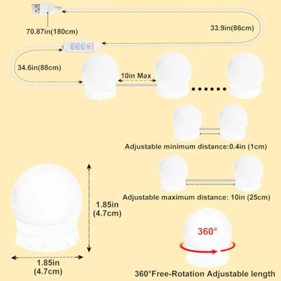 LED Vanity Lights for Mirror, Consciot Hollywood Style with Dimmable Bulbs, Adjustable Color and Brightness, USB Cable, Stick o