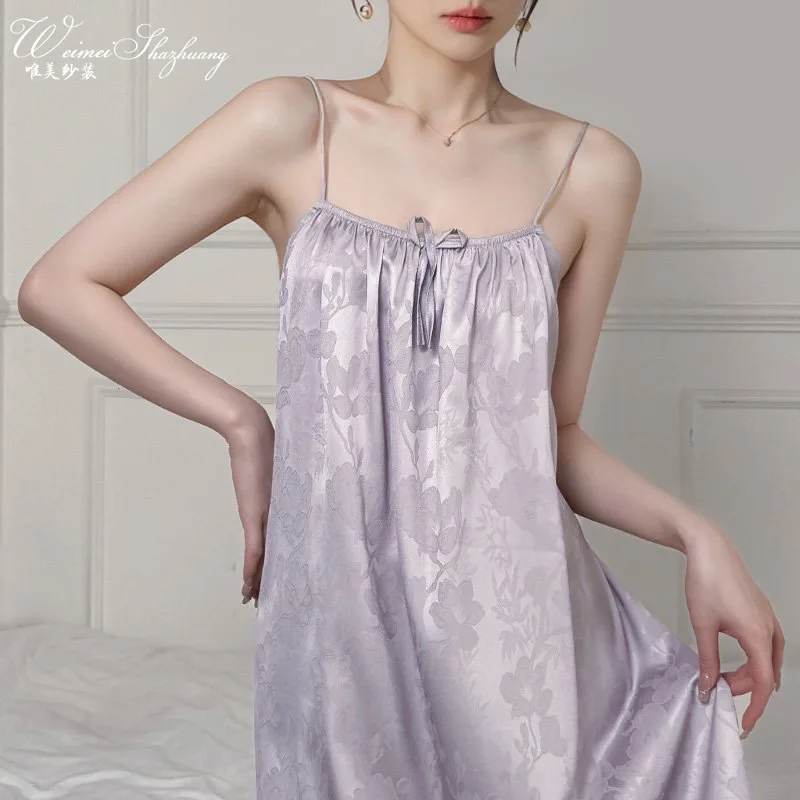 

Summer New Jacquard Ice Silk Nightdress Thin Sexy Strap Dress Loose Sleeveless Dress Homewear