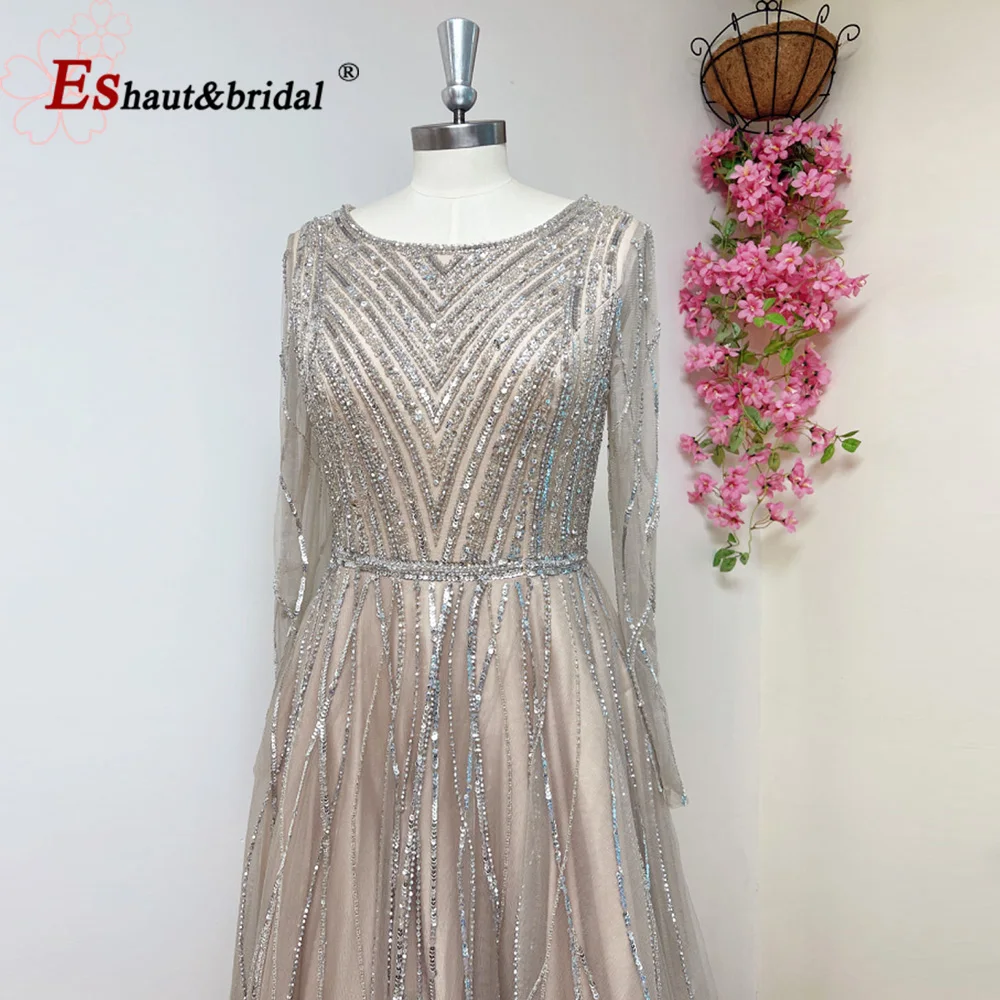 Elegant Muslim Beads Wedding Evening Dress for Women 2024 O Neck Long Sleeves Aine Crystal Formal Prom Party Gowns Customized