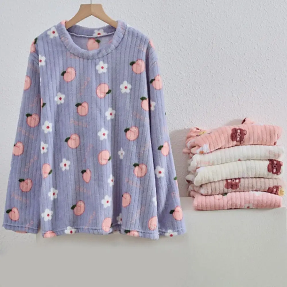 Casual Cute Bear Velvet Sleepwear Set Flower Long Sleeve Pajama Suit Peach Nightwear Winter Thick Warm Pajamas Autumn Winter