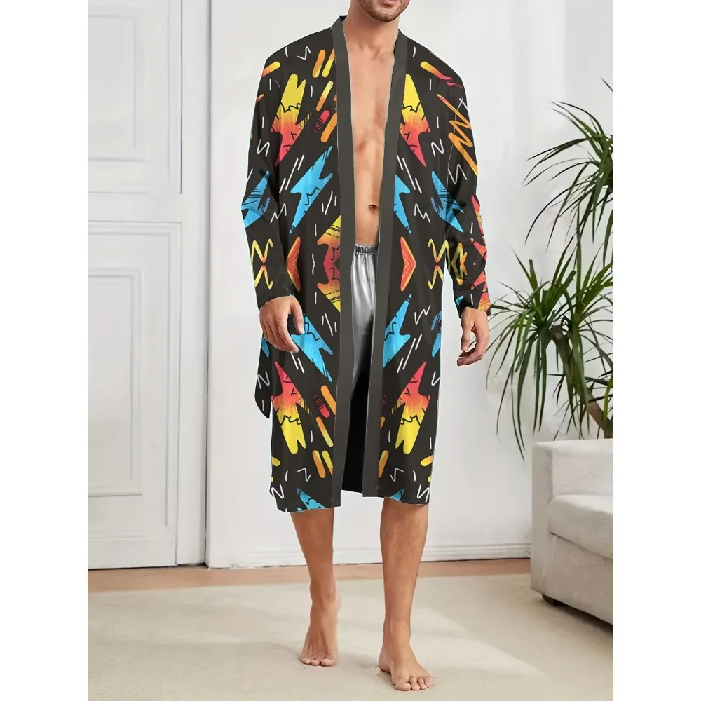 أردية طويلة للرجال لربيع الخريف عصرية سريعة الجفاف، مع قمصان نوم مطبوعة رقمية ممتعة للترفيه في المنزل. #5