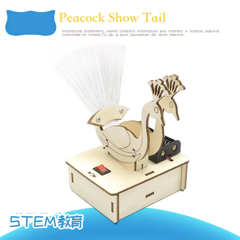 DIY Science Experiment Material Kit Animal Peacock Tail Electric Light STEM Toy Wooden Puzzle Creative Smart Gifts for Children
