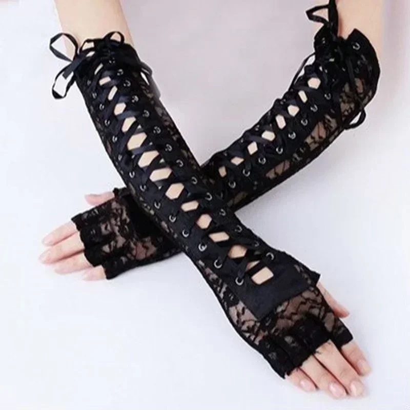 2026 New Halloween Party Women Fingerless Elbow‑Length Gloves 1Pair Vintage Black Lace Arm Cuff Festival Costume Supplies