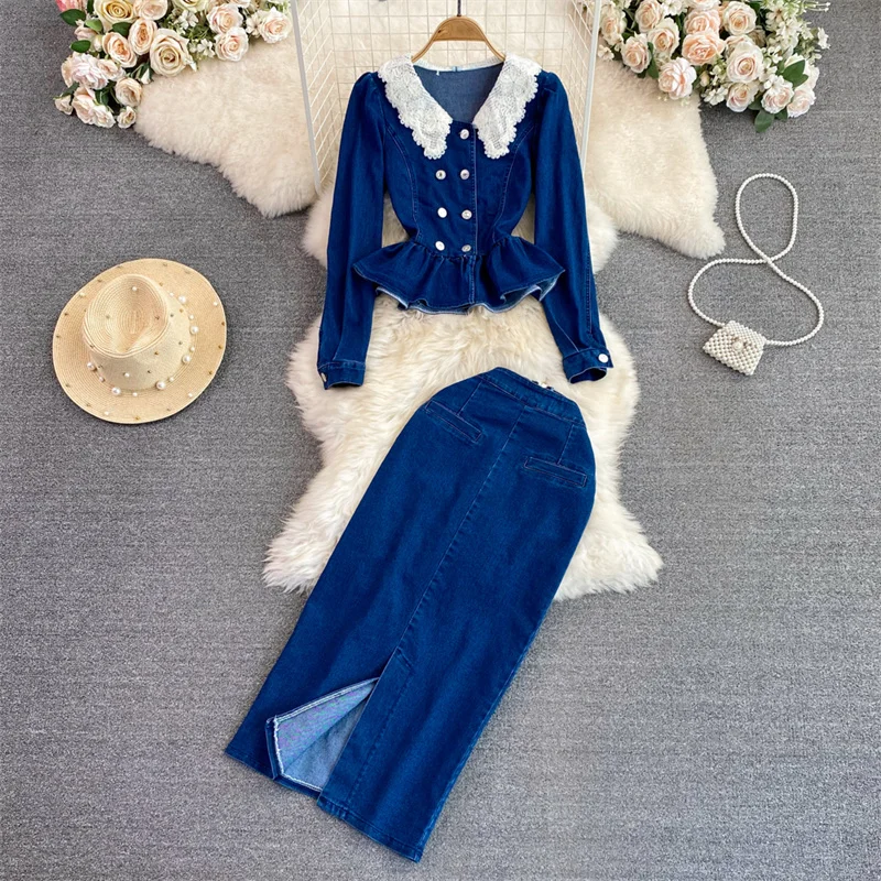 Spring Women Fashion Blue Slim Cowboy Set Lace Lapel Stitching Denim Jacket Split Hem High Waist Skirt Female Jeans 2-piece Sets