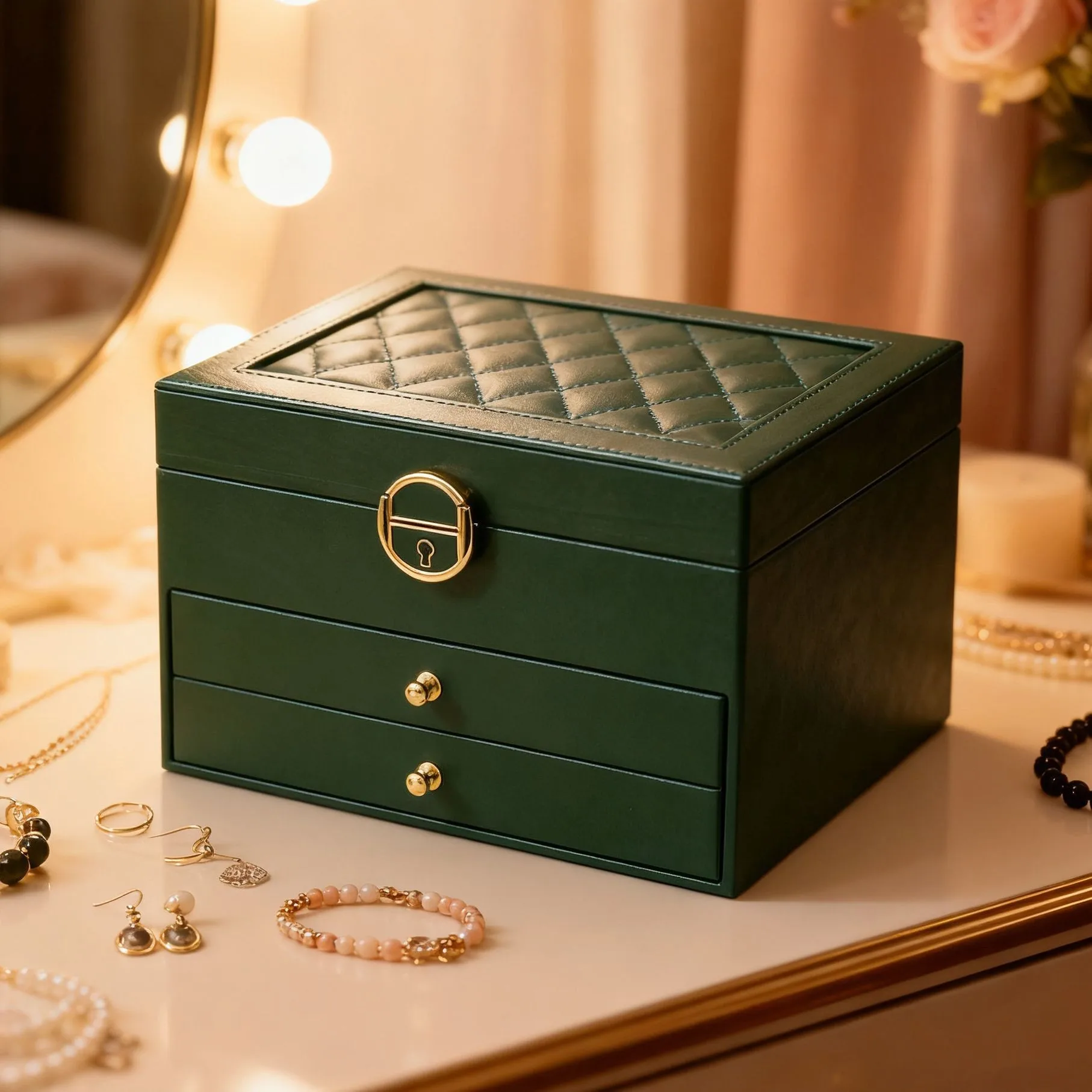 

Двухслойная шкатулка для драгоценностей в стиле ящика, кольцо с ромбовидным узором, серьги, ожерелье, кожаная коробка для хранения большой емкости с замком