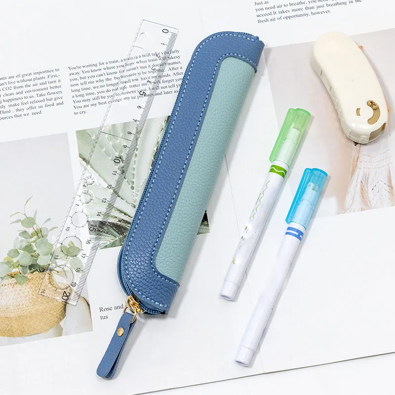 Color-blocked Leather Pencil Case Student Stationery Protective Bag Office Business Portable Zipper Pencil Bag