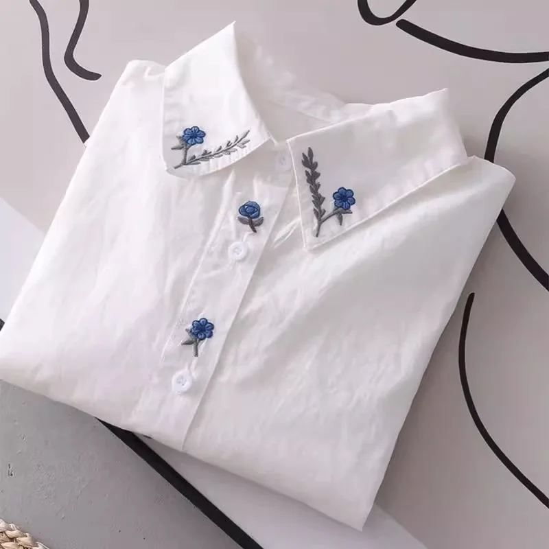 Spring and autumn New Pure Cotton White Shirts Women Turn Down Collar Embroidered Long Sleeve Casual Tops Little blue flower