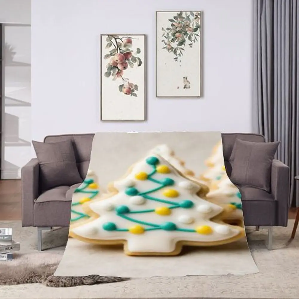 

Festive Christmas Tree-Shaped Sugar Cookies with Colorful Icing - Hand Decorated with Green Icing Branches and Yellow & Teal Can