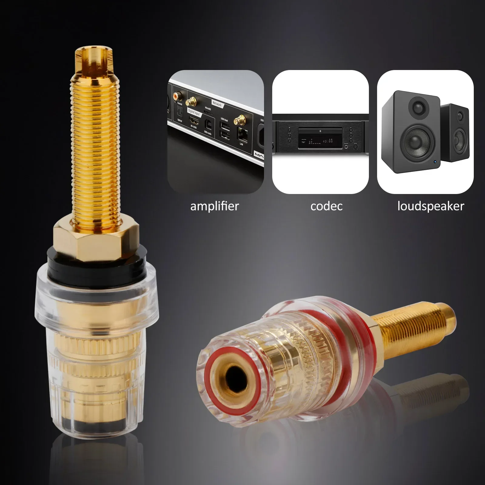 4PCS Rhodium/Gold Plated Female Binding Posts Banana Jack Connectors (64mm Height, 20mm OD) with Screw Lock