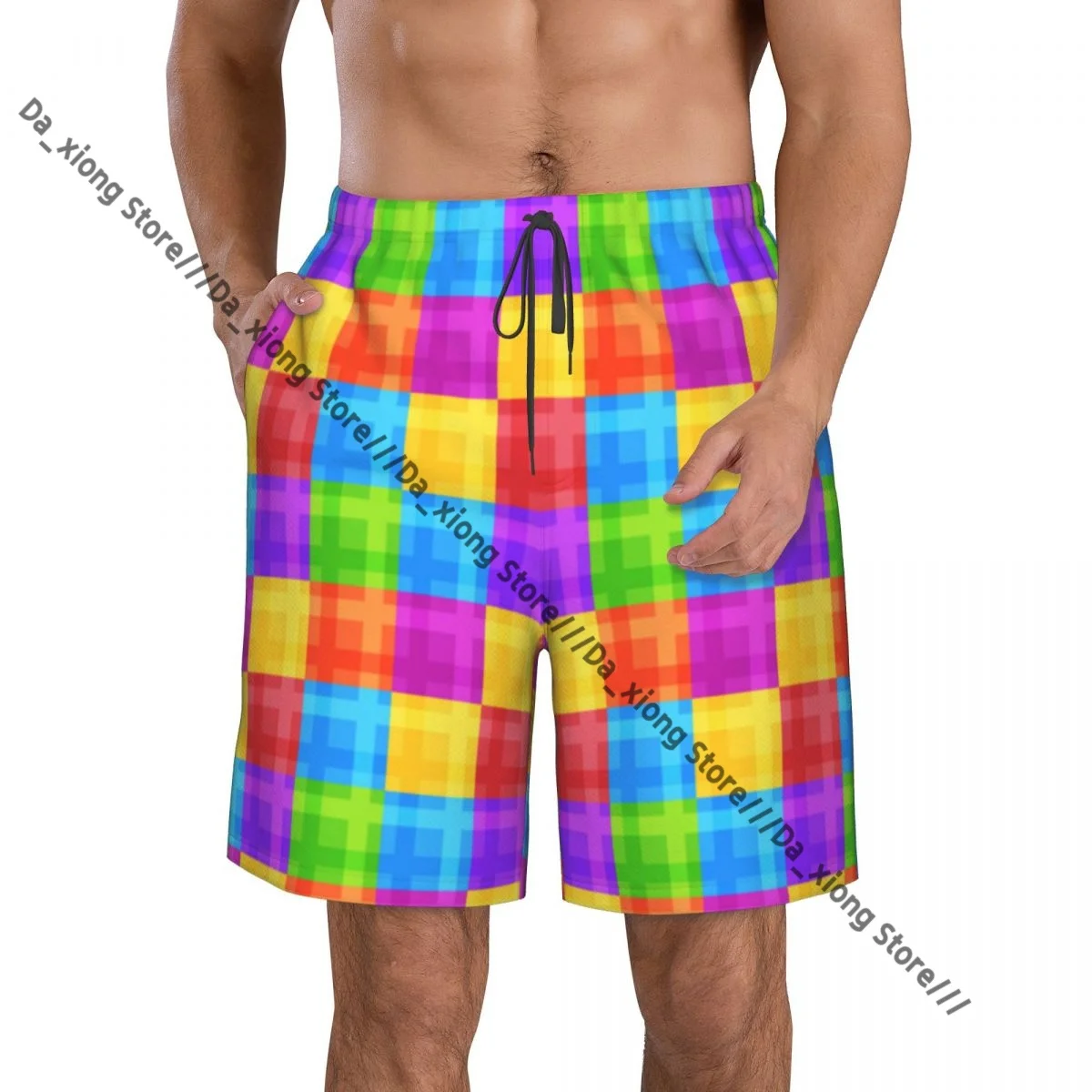 Men Beach Short Quick-drying Swimming Trunk Colorful Square Pattern Swimwear Swimsuit Bathing Shorts