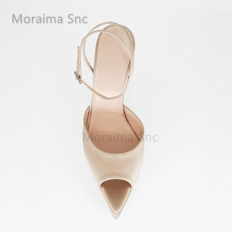 

12Cm High Heels Peep Toe Sandals for Women Sexy Elegant Platform Ankle Buckle Black Beige Satin Stiletto Summer Shoes Party