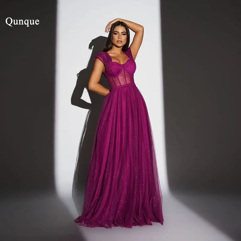 

Qunque Elegant Evening Gowns Glitter Tulle Belt Party Dress Sexy Slit robe de soirée luxe élégante Customized Vestidos De Festa