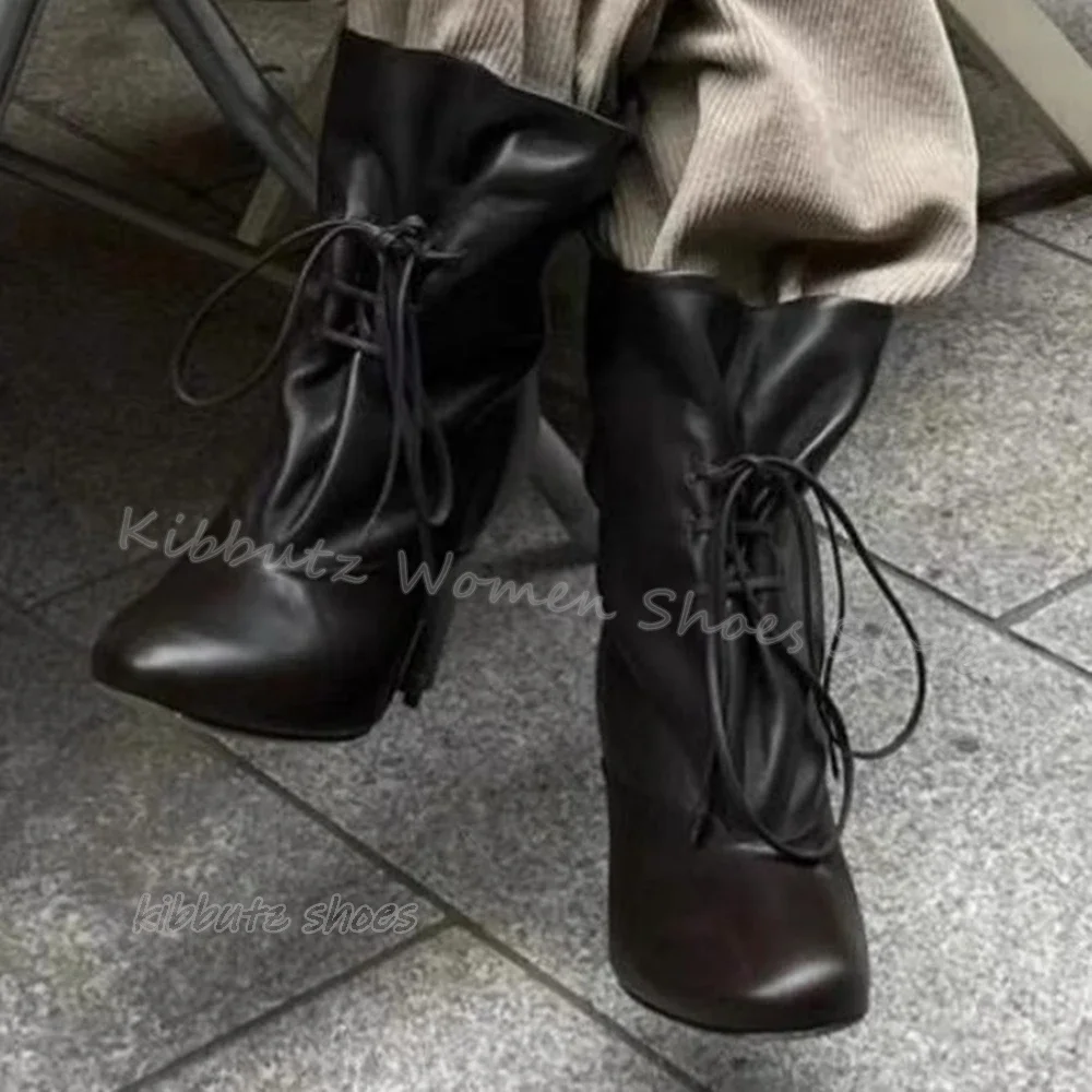 Lace-Up Ankle Boots Patchwork Leather Satin Elegant Fashion Concise Sexy Solid Color Pointed Toe Chunky Heels Women Shoes Newest