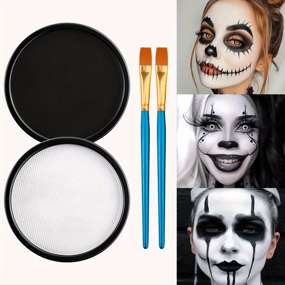 ชุดแต่งหน้าเลือดปลอมสมจริง 5 ชิ้น พร้อมสีทาหน้าสูตรน้ำสีดำและสีขาว และแปรง 2 อัน เหมาะสำหรับวันฮาโลวีน คอสเพลย์ และซอมบี้