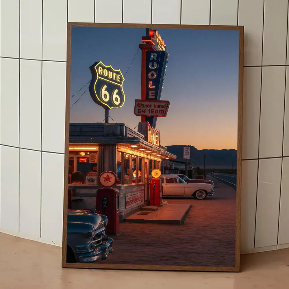 Vintage Route 66 Diner Canvas Wall Art Retro American Highway Painting Poster Home Bar Man Cave Room Decor