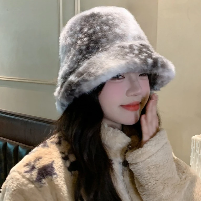 Winter New Fawn Series Imitation Mink Fisherman Hat Fawn Spots Plush Thickened Warm Hat Ladies Outdoor Soft Ear Protection Hat