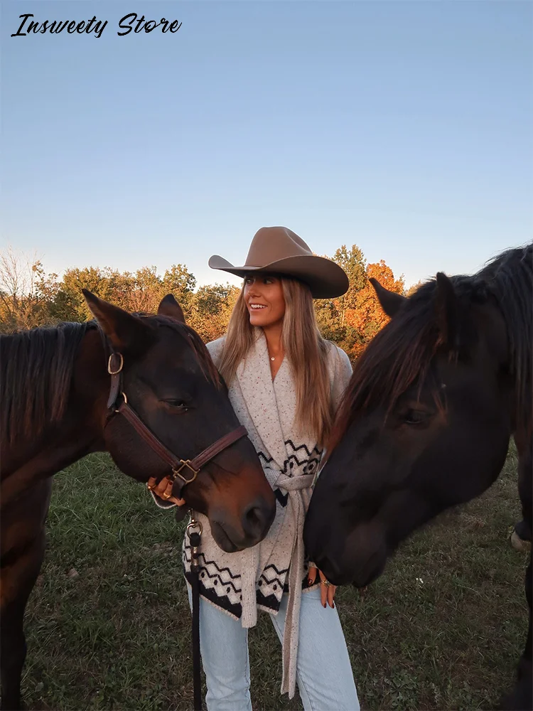 

Casual Printed Knit Cardigan Women's Soft Long Sleeve Lace Up Front Open Sweater 2025 Autumn Winter Lady New Fashion Cover Up