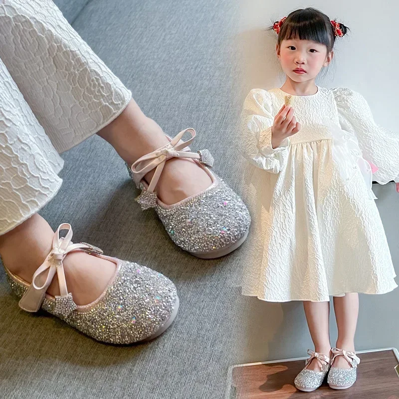 Girls Princess Shoes Round Toes Sweet Bows 2025 New Kids Dance Shoes Shiny Sequins Children Flats Pu Non-slip Performance Shoes