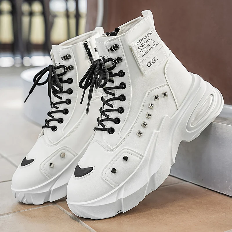 Mens Leather Casual Shoes Thick Soled Height Increasing Short Boots High Top Outdoor Sports Sneakers Men Shoes Zapatos De Hombre