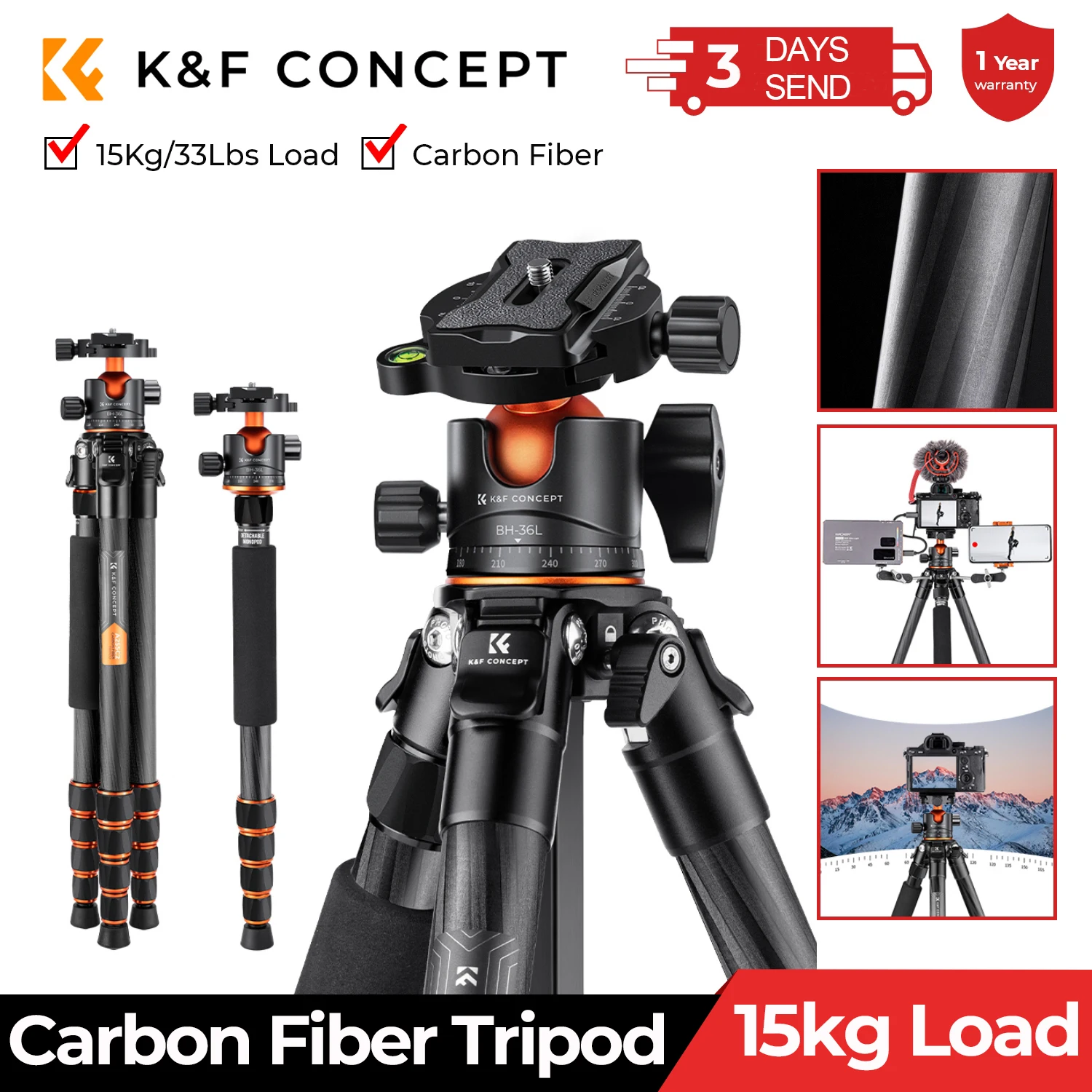 K&F Concept Professional Carbon Fiber Tripod for DSLR Camera Stand 15kg/33lbs Max Load with 360° Ball Head Photography Camcorder