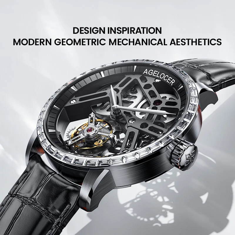 AGELOCER Original Tourbillon Watch Diamond Watch Men's Business Luxury Skeleton Manual Mechanical Watch Birthday Gift for Men