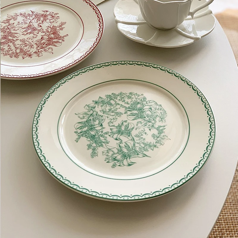 Household 8 Inch Ceramic Dish French New High Aesthetic Overglaze Color Flower Dinner Plates Creative Round Kitchen Tableware