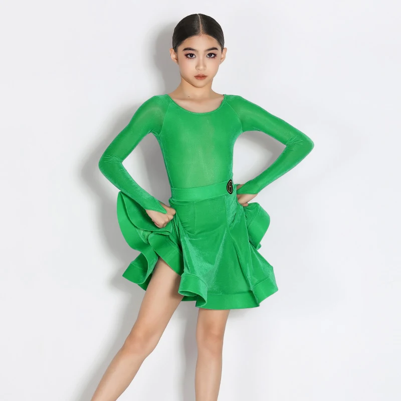 

Girls Latin Dance Performance Costumes Long Sleeve Tops Split Skirts Suit Chacha Tango International Standard Dance Wear DN20279