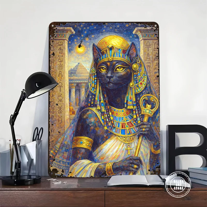 Egyptian Cat Goddess Bastet With Hieroglyphs Poster Customized Vintage Metal Signs Wall Art Retro Tin Plaque for Desk Decor Room
