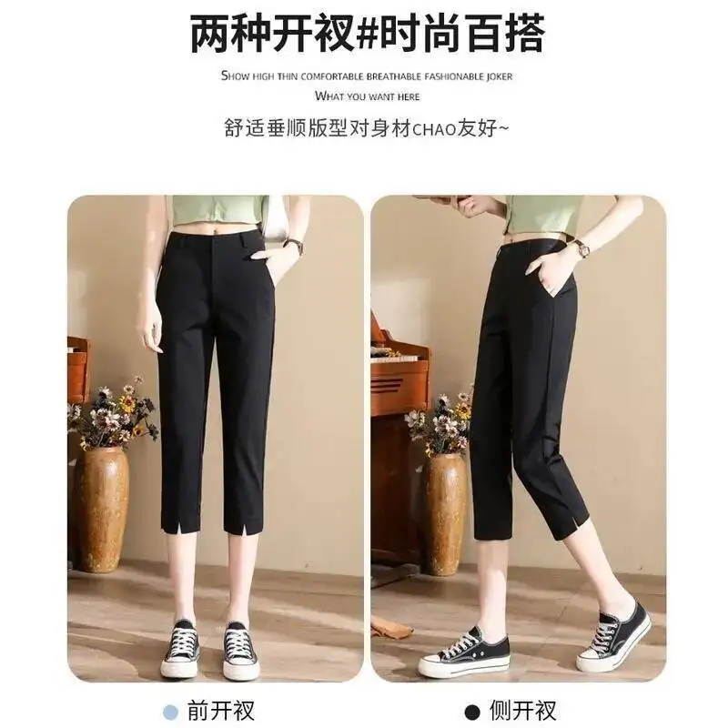 Korean Fashion Women's Capris Summer Slim Fit Short Pants Thin Professional Side Slit Calf-Length Pants Casual Office Lady Pants