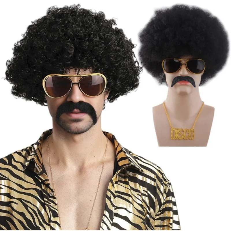 Erwachsene Hippie synthetische Perücke Hut Set lustige Disco Hippie Party Cosplay Dress Up Kostüm Requisiten Haar Sonnenbrille Halskette Schnurrbart 4PCS