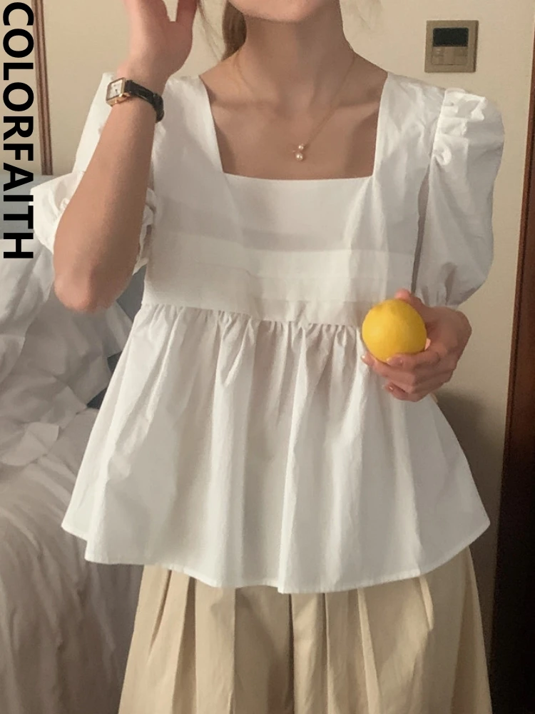 Colorfaith BL9917 New 2023 Chic Shirts Korean Fashion Vintage French Style Sweet Elegant Women Spring Summer Wild Blouses Tops