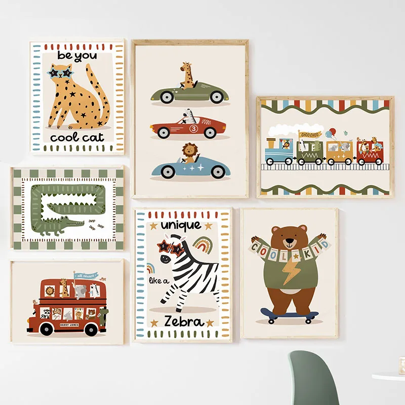 Funny Cartoon Animals Car Bus Nursery Wall Art Canvas Painting Leopard Bear Zebra Posters & Prints Pictures Baby Kids Room De
