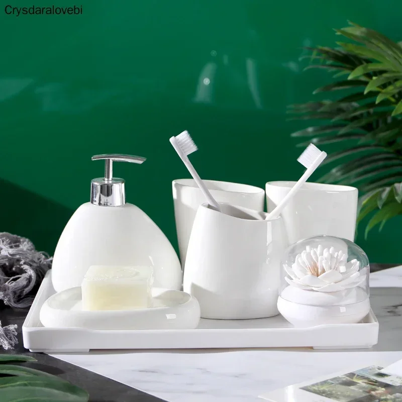 White Ceramic Bathroom Accessories Set/Toothbrush Holder /Soap Dispenser/Wedding Gift/Melamine Tray/Toothpick Holder/Cotton Swab