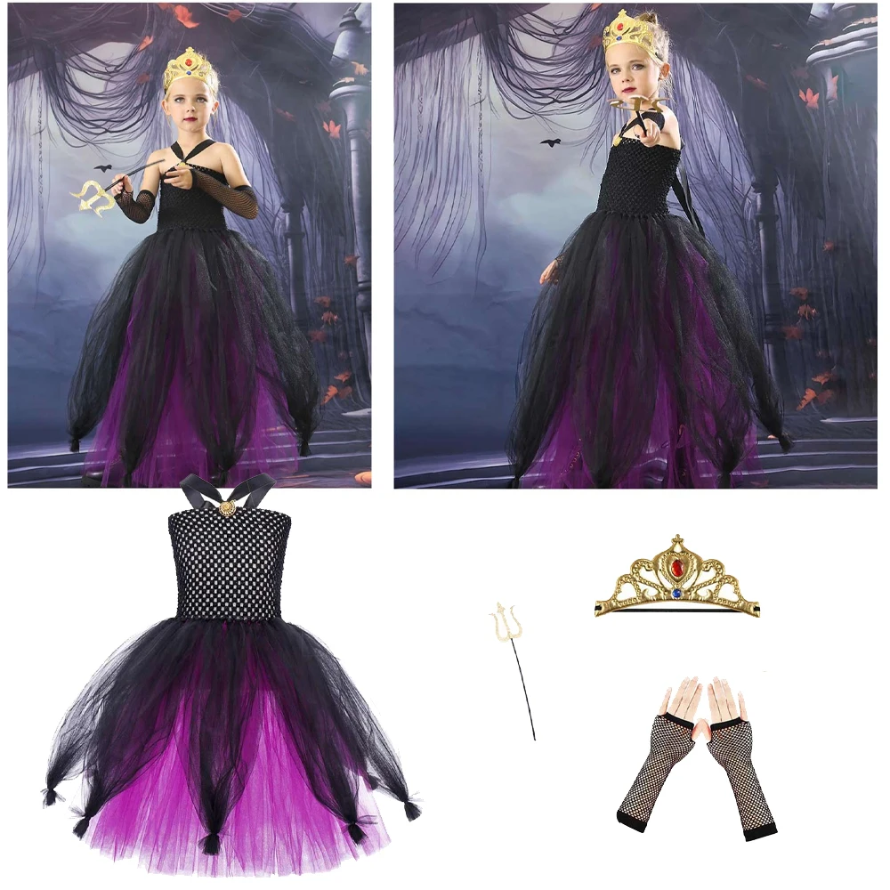 Ursula Dress Cosplay Costume Headwear Children Disguise Role Play Outfits Halloween Carnival Party Clothing Suit for Kids Girls