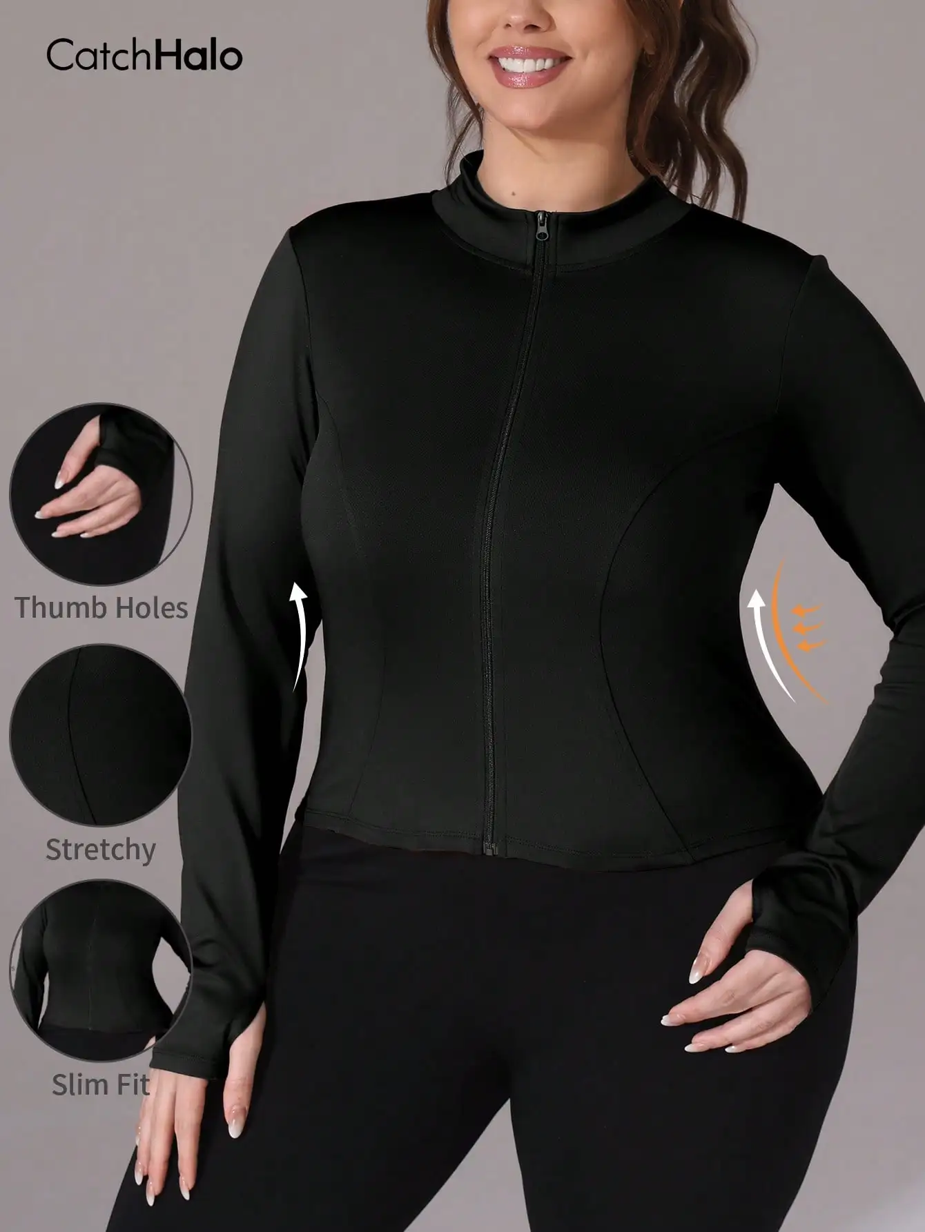 4-Wege-Stretch Yoga-Jacke für Damen (Plus Size) – Sportjacke mit Reißverschluss und Daumenlöchern – Slim Fit Gym-Top – Langarm-Workout-Bekleidung