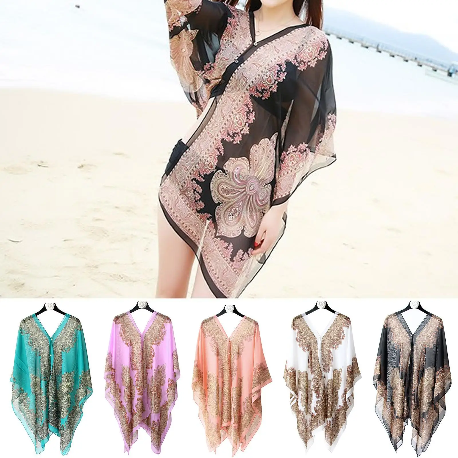 Woman Chiffon Blouse Fashion Women Scarf Shawl Printed Sunscreen Sun Protection Shawl Beach Shawl Soft Loose Bikini Cover Tops