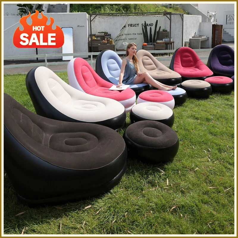 Lazy Couch Sofas Inflatable Chair Foldable Recliner Outdoor Sofa Bed Footstool Portable Folding Air Bed Lunch Lounge Chair Set view 3