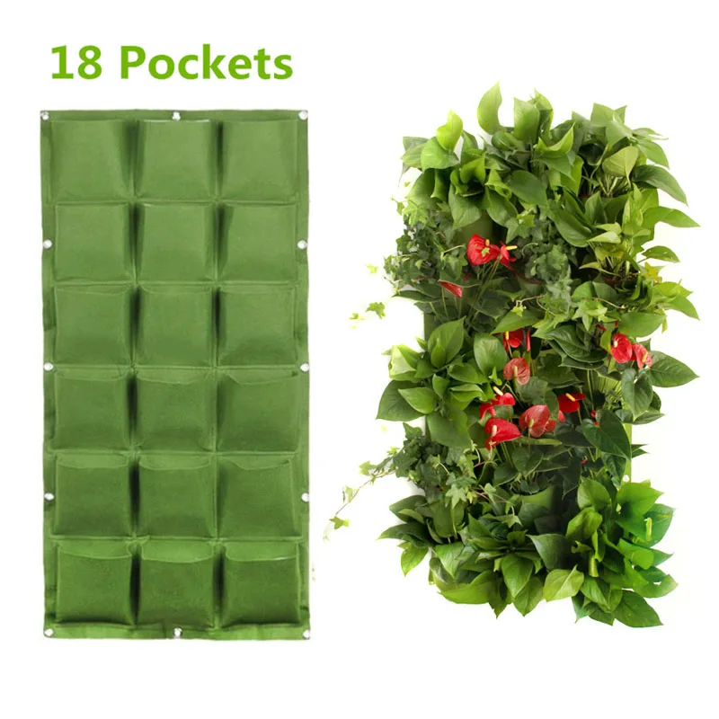 18 Pockets Vertical Wall-mounted Planting Bags interior garden growing pots Non-woven Fabrics Garden Planter Green Pockets C1