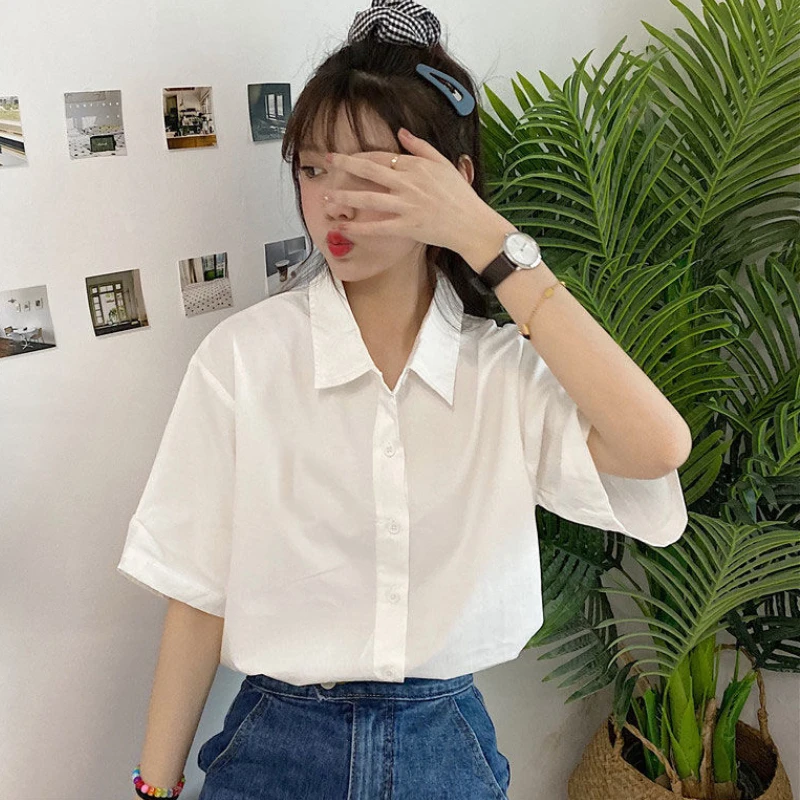 Basic Shirts Women Minimalist Pure Daily Short-sleeve Summer Straight All-match Casual Korean Style Colleges White Classic Chic