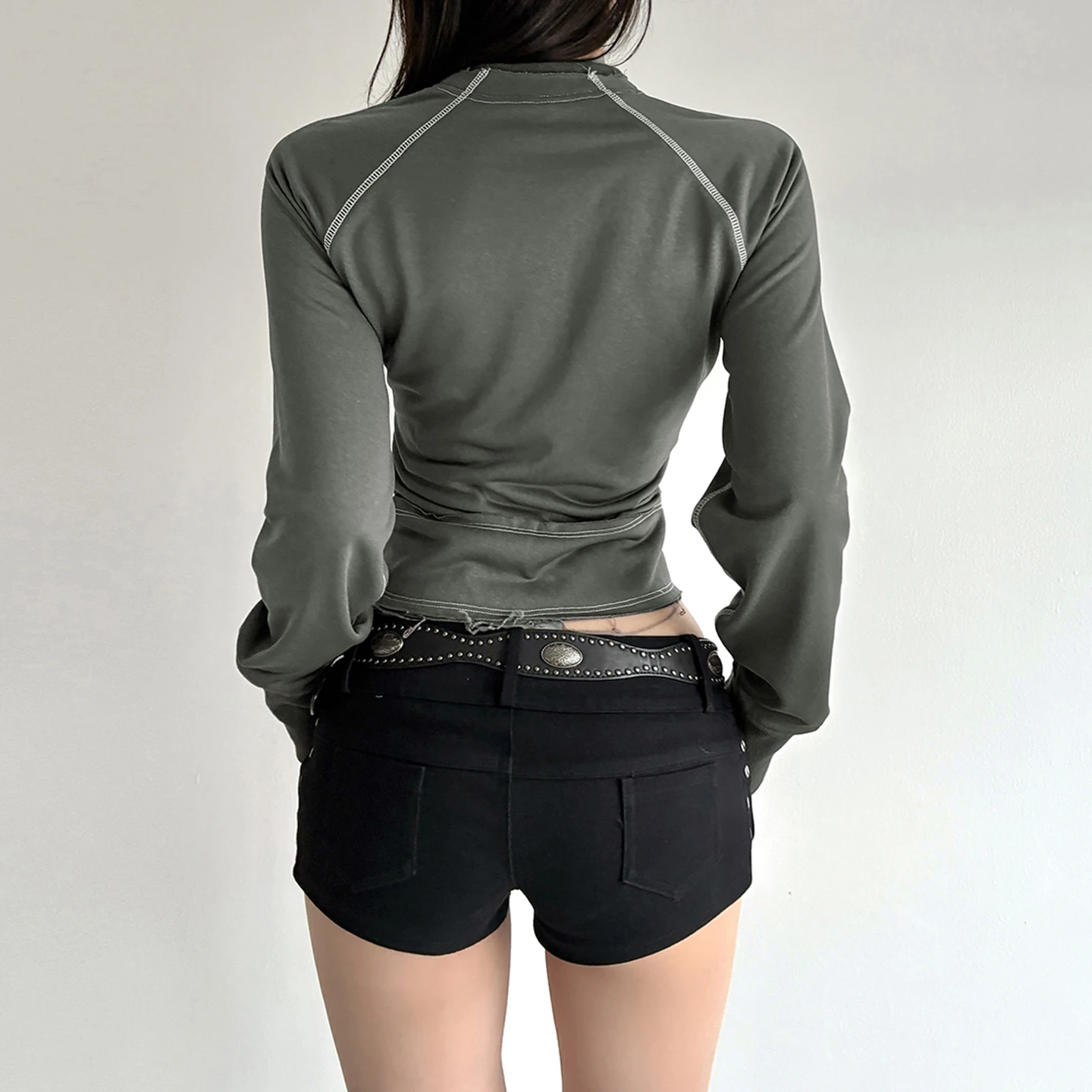 Women Letter Embroidery Zip Up Cropped Jacket Contrast Stitch Raw Hem Long Sleeve Slim Fit American Streetwear Thin Coats Autumn