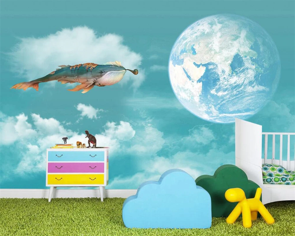 Customized Mural Dream Whale Flying Earth Bedroom Children Room 3d wallpaper Living room sofa background wall restaurant cloud