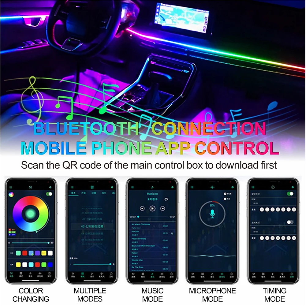 Streamer a colori Luci ambientali per auto Interfaccia USB RGB Telecomando/Controllo vocale Luce al neon per auto Kit striscia decorativa per interni