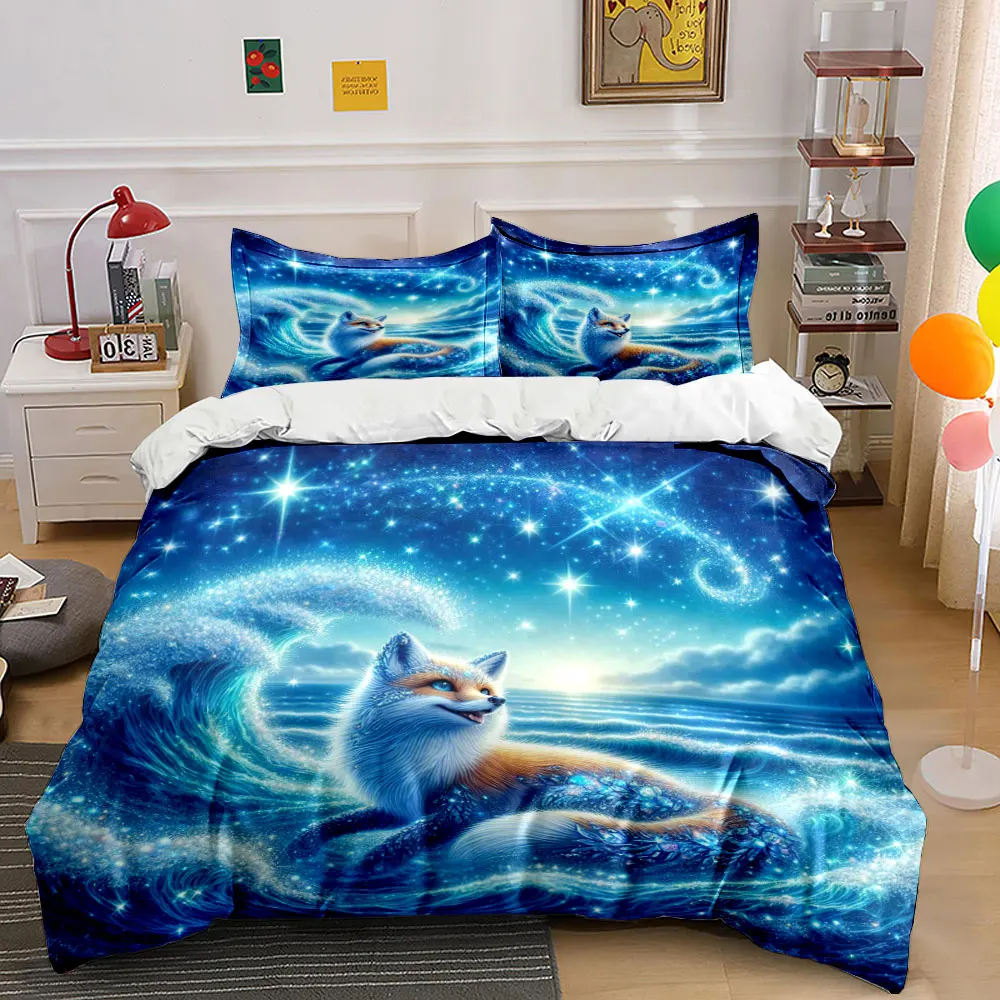 Sparkling Spirit Fox in Dreamy Starry Ocean Printed Duvet Cover Set1 Duvet Cover+2 PillowcaseMulti Size Bedroom Bedding Decor